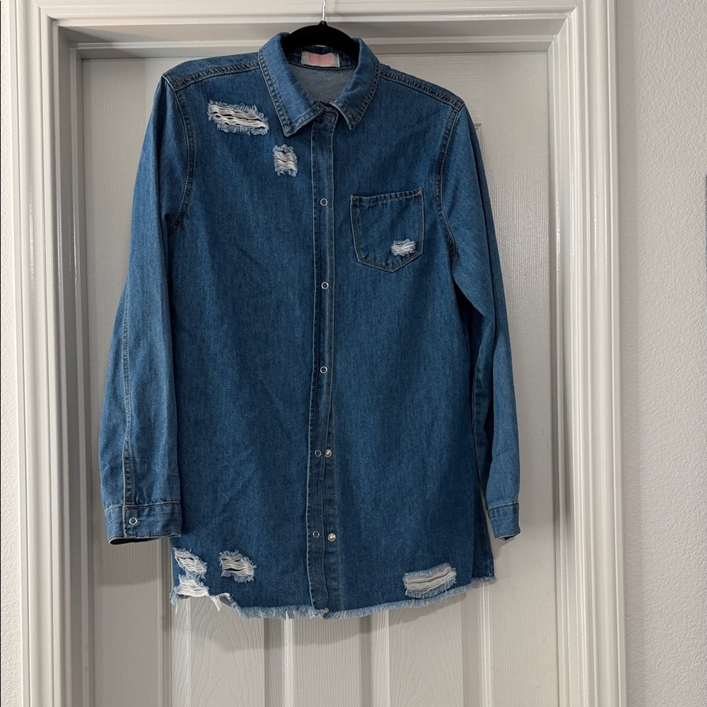 Women's Distressed Blue Denim Button-Down Shirt - Longline
